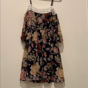 Navy Blue Floral Lace Off The Shoulder Dress